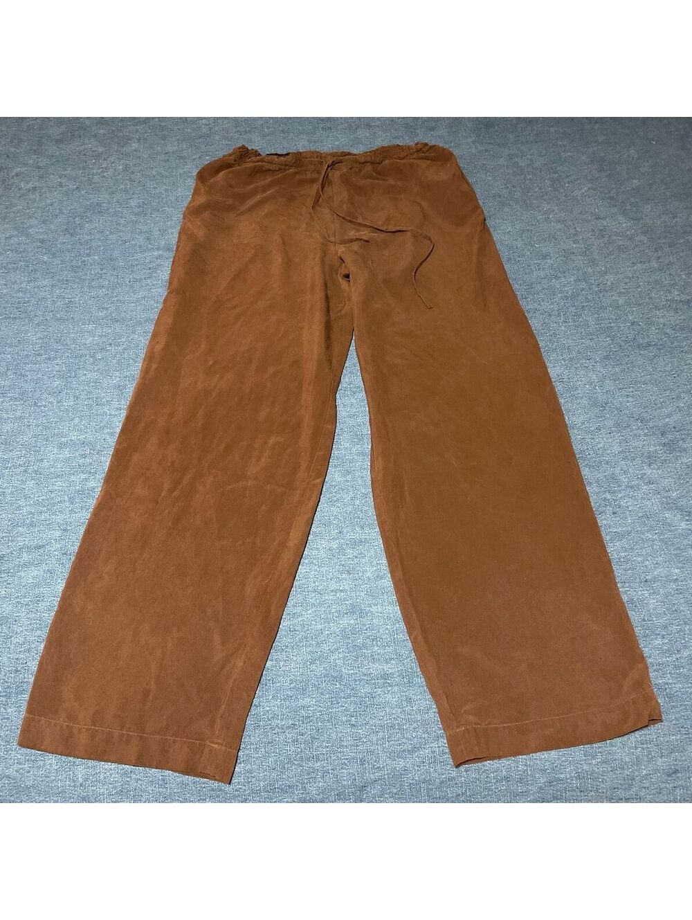 100% Silk drawstring wide leg pants brown slash pockets lightweight fall medium